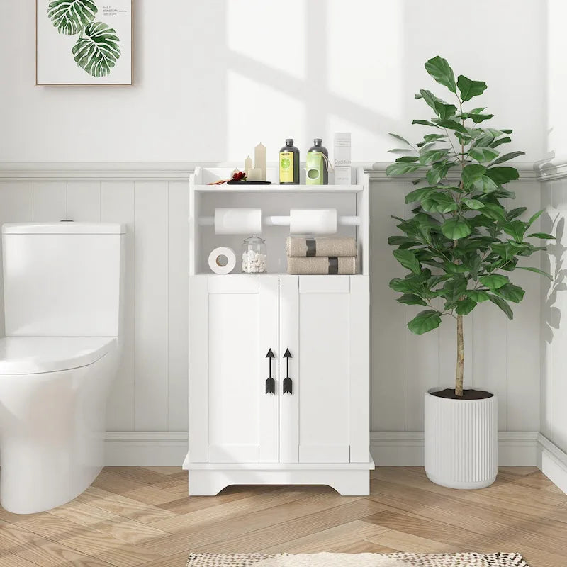 Javlego Meuble de Rangement Salle de Bain, Meuble Bas en Bois avec 2 Portes et Porte-Rouleau de Papier Toilette, Étagère Réglable