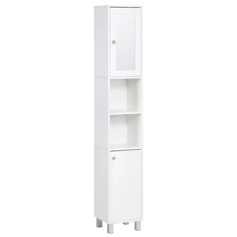 Armoire de salle de bain haute avec miroir, Meuble colonne en bois sur pied avec étagères réglables