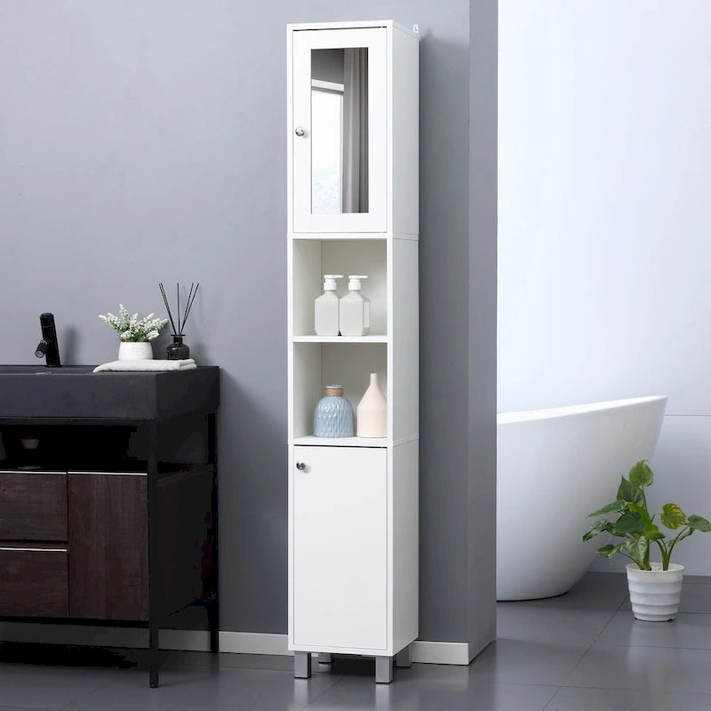 Armoire de salle de bain haute avec miroir, Meuble colonne en bois sur pied avec étagères réglables