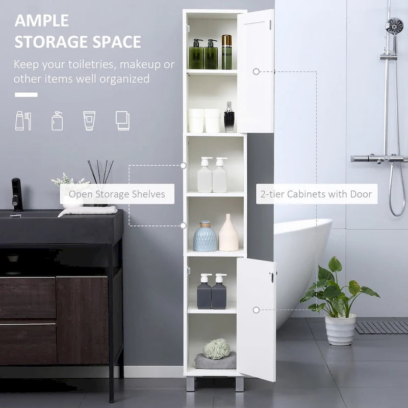 Armoire de salle de bain haute avec miroir, Meuble colonne en bois sur pied avec étagères réglables
