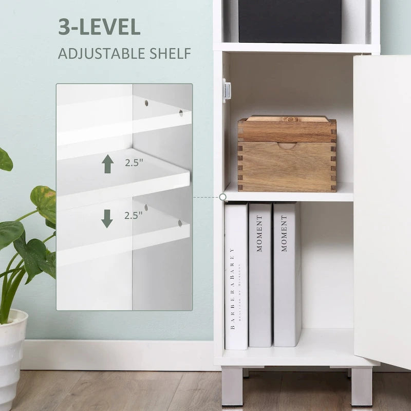 Armoire de salle de bain haute avec miroir, Meuble colonne en bois sur pied avec étagères réglables