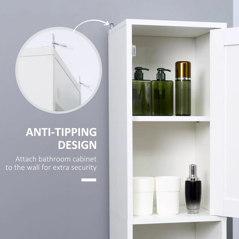 Armoire de salle de bain haute avec miroir, Meuble colonne en bois sur pied avec étagères réglables