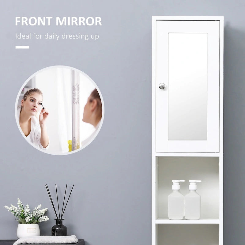 Armoire de salle de bain haute avec miroir, Meuble colonne en bois sur pied avec étagères réglables