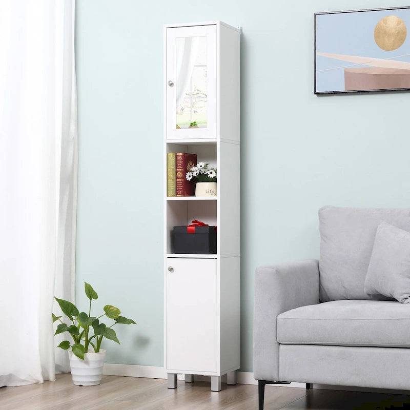 Armoire de salle de bain haute avec miroir, Meuble colonne en bois sur pied avec étagères réglables