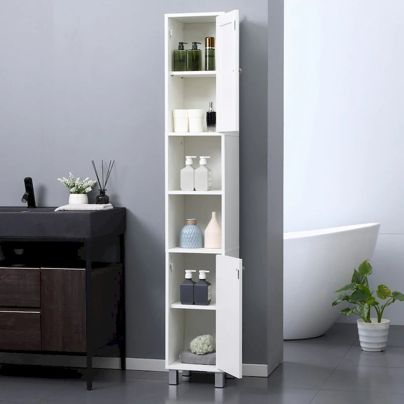 Armoire de salle de bain haute avec miroir, Meuble colonne en bois sur pied avec étagères réglables