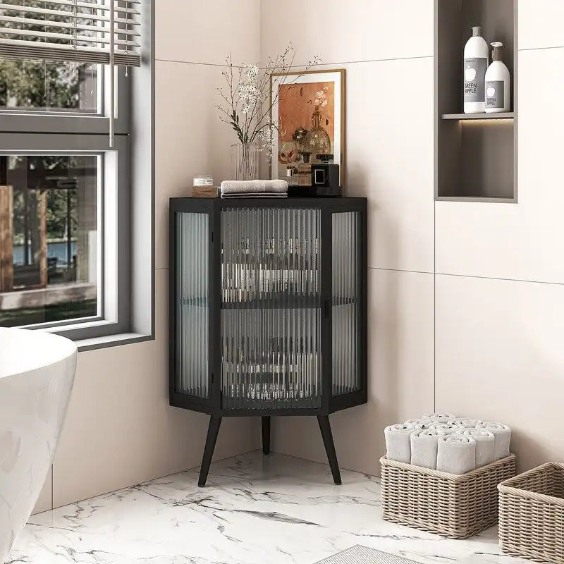 Meuble d'angle de salle de bain Grondin Modern Style 22,25 avec portes en verre trempé et étagère intérieure réglable