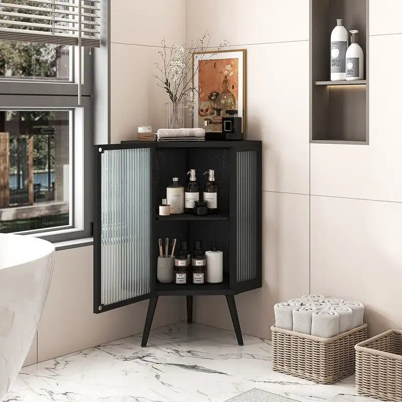 Meuble d'angle de salle de bain Grondin Modern Style 22,25 avec portes en verre trempé et étagère intérieure réglable