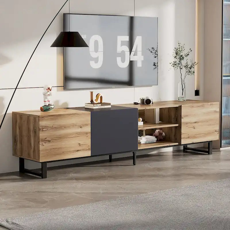 Meuble TV avec 3 Armoires et Étagères Ouvertes, Meuble Console TV de Couleur Assortie pour Téléviseurs Jusqu'à 80 Pouces, Meuble de Rangement avec Porte Abattante