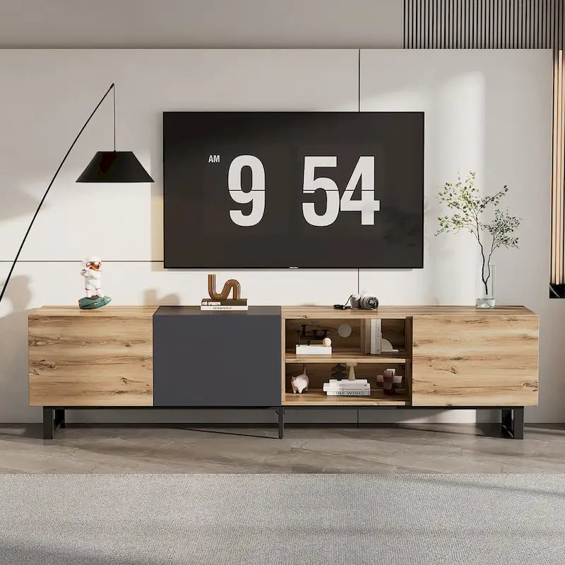 Meuble TV avec 3 Armoires et Étagères Ouvertes, Meuble Console TV de Couleur Assortie pour Téléviseurs Jusqu'à 80 Pouces, Meuble de Rangement avec Porte Abattante