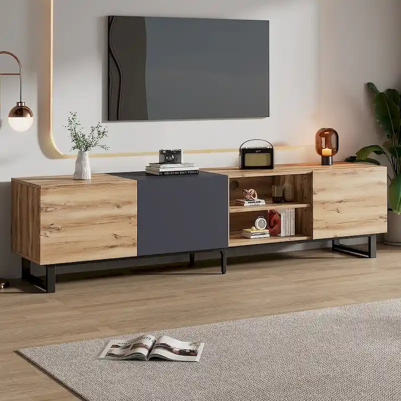 Meuble TV avec 3 Armoires et Étagères Ouvertes, Meuble Console TV de Couleur Assortie pour Téléviseurs Jusqu'à 80 Pouces, Meuble de Rangement avec Porte Abattante