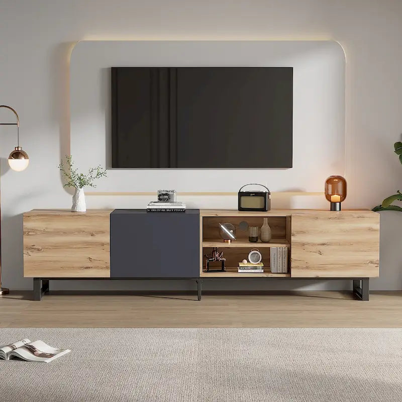 Meuble TV avec 3 Armoires et Étagères Ouvertes, Meuble Console TV de Couleur Assortie pour Téléviseurs Jusqu'à 80 Pouces, Meuble de Rangement avec Porte Abattante