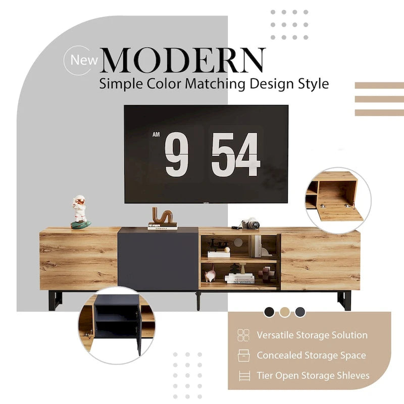 Meuble TV avec 3 Armoires et Étagères Ouvertes, Meuble Console TV de Couleur Assortie pour Téléviseurs Jusqu'à 80 Pouces, Meuble de Rangement avec Porte Abattante