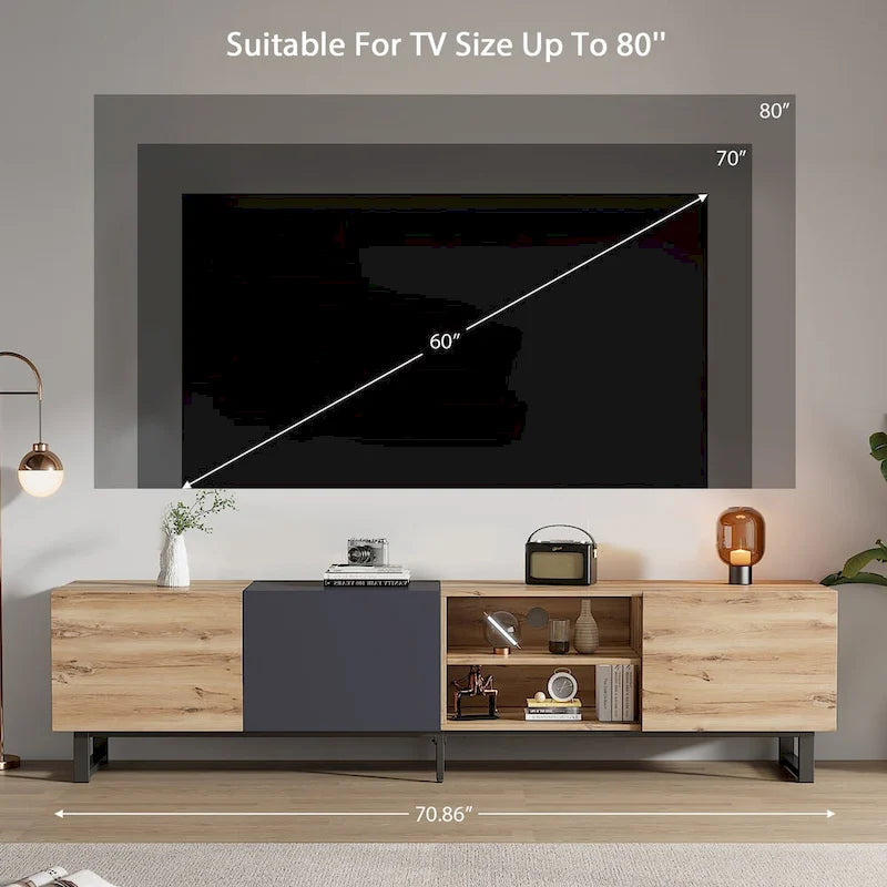 Meuble TV avec 3 Armoires et Étagères Ouvertes, Meuble Console TV de Couleur Assortie pour Téléviseurs Jusqu'à 80 Pouces, Meuble de Rangement avec Porte Abattante