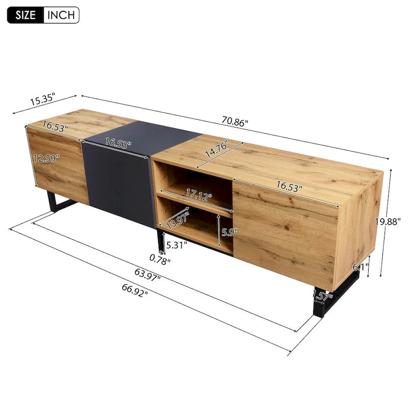 Meuble TV avec 3 Armoires et Étagères Ouvertes, Meuble Console TV de Couleur Assortie pour Téléviseurs Jusqu'à 80 Pouces, Meuble de Rangement avec Porte Abattante