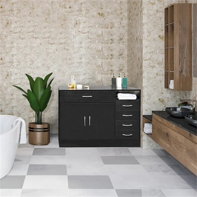 Meuble de salle de bain noir à deux portes et cinq tiroirs