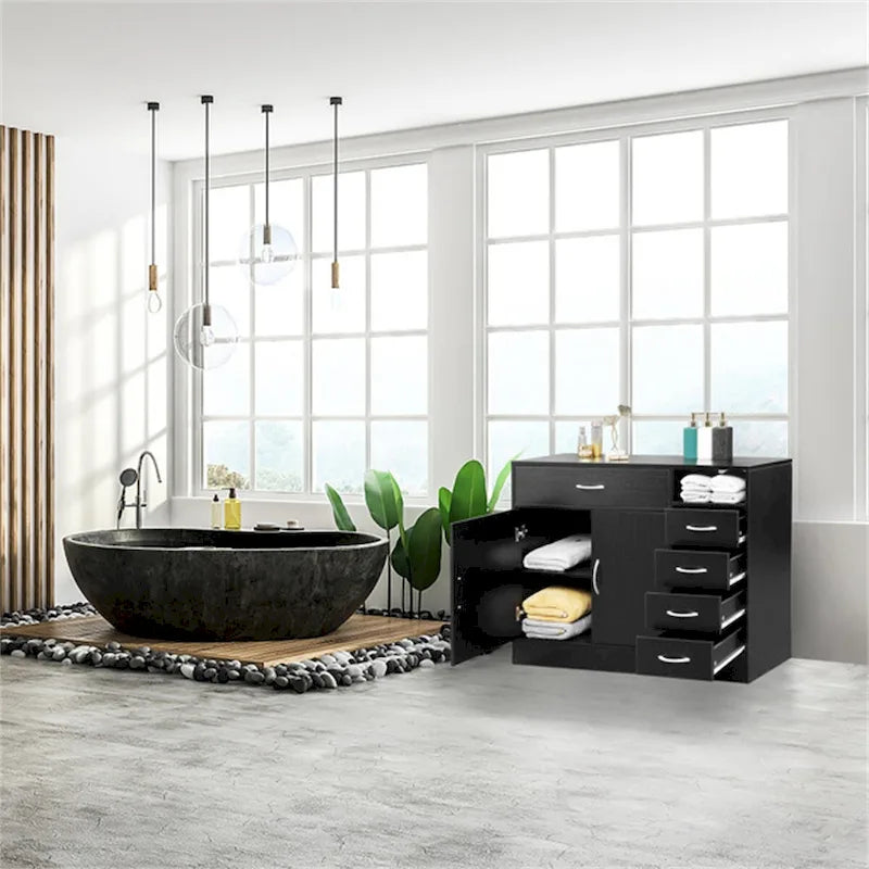 Meuble de salle de bain noir à deux portes et cinq tiroirs