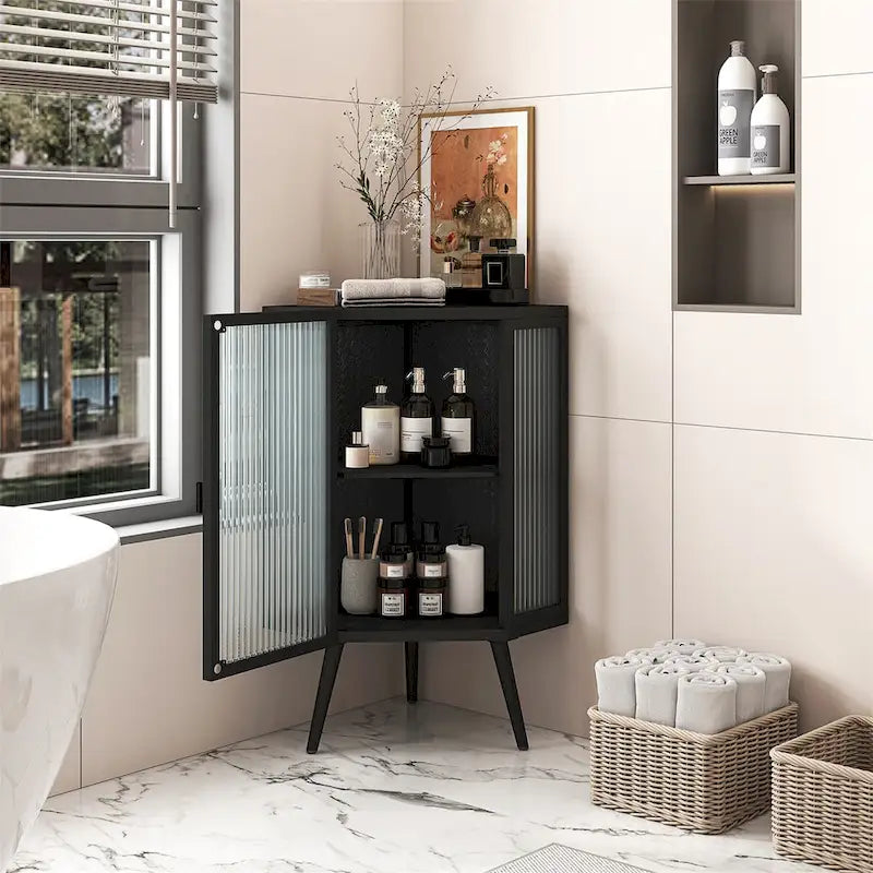 Meuble d'angle à poser avec porte en verre trempé et étagères de rangement