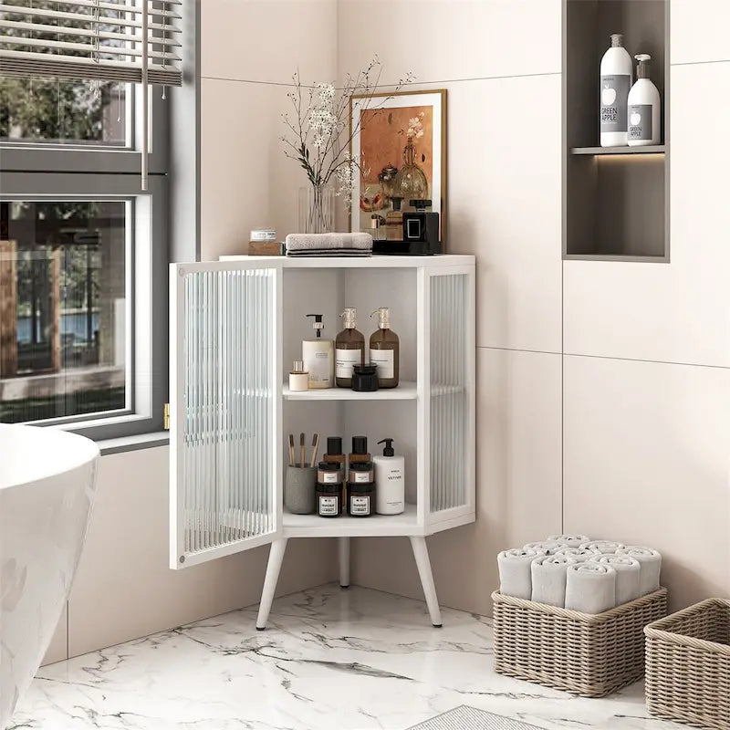 Meuble d'angle à poser avec porte en verre trempé et étagères de rangement