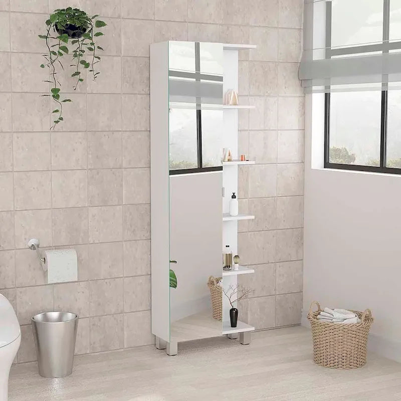 Meuble de salle de bain avec miroir, quatre étagères intérieures, cinq étagères extérieures - Blanc