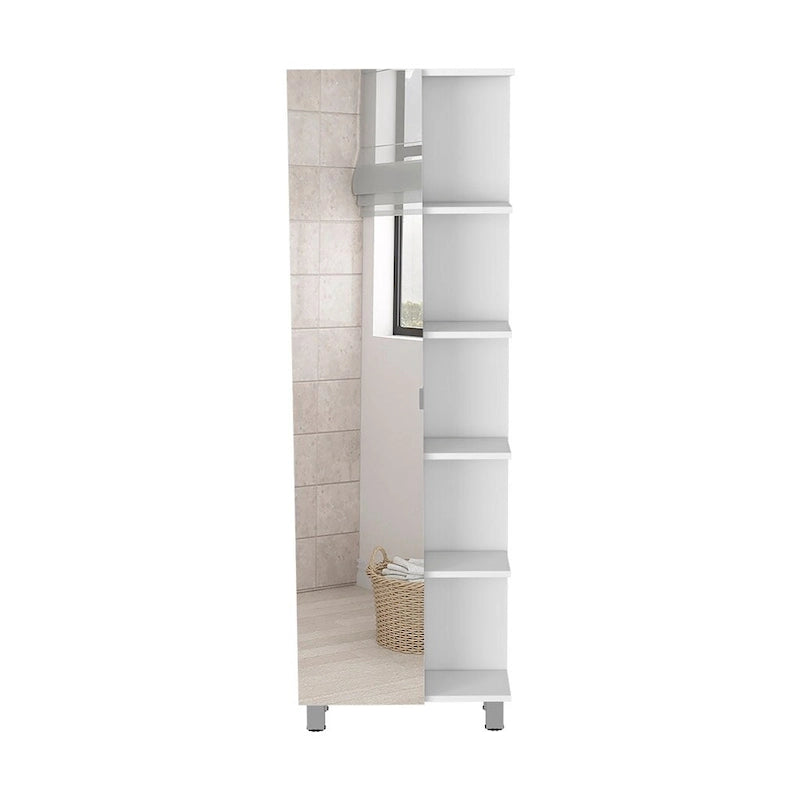 Meuble de salle de bain avec miroir, quatre étagères intérieures, cinq étagères extérieures - Blanc