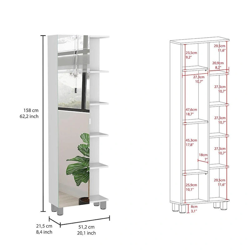 Meuble de salle de bain avec miroir, quatre étagères intérieures, cinq étagères extérieures - Blanc