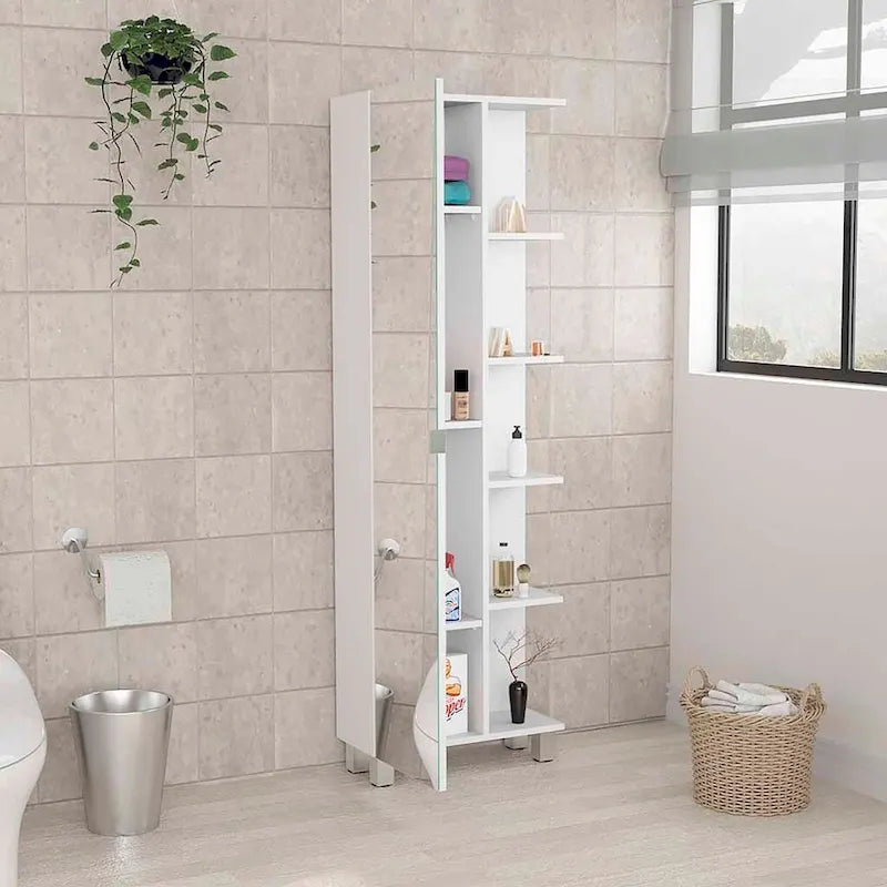 Meuble de salle de bain avec miroir, quatre étagères intérieures, cinq étagères extérieures - Blanc