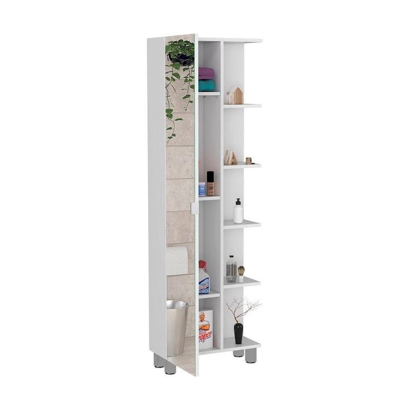 Meuble de salle de bain avec miroir, quatre étagères intérieures, cinq étagères extérieures - Blanc