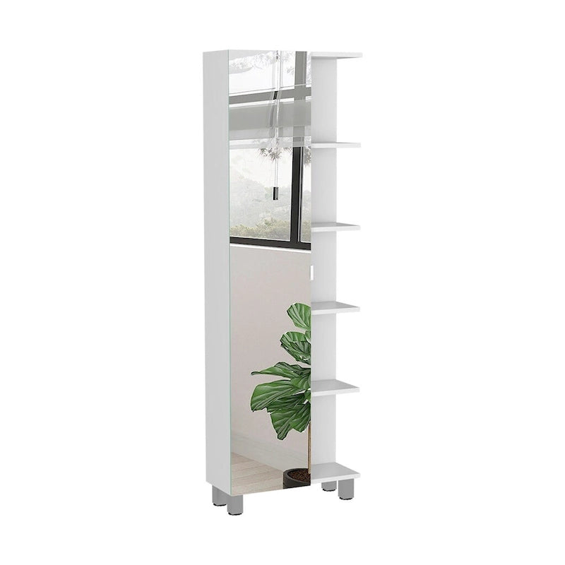 Meuble de salle de bain avec miroir, quatre étagères intérieures, cinq étagères extérieures - Blanc
