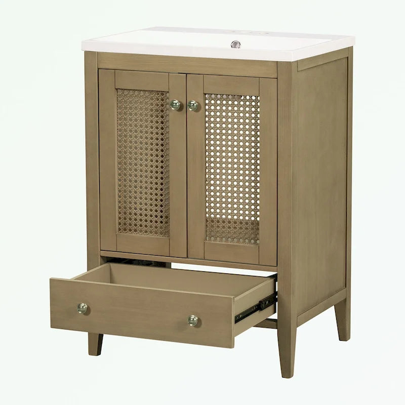 Meuble-lavabo de salle de bain avec vasque en céramique, deux portes en rotin