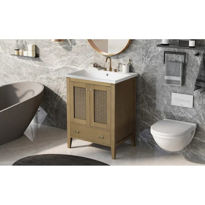 Meuble-lavabo de salle de bain avec vasque en céramique, deux portes en rotin