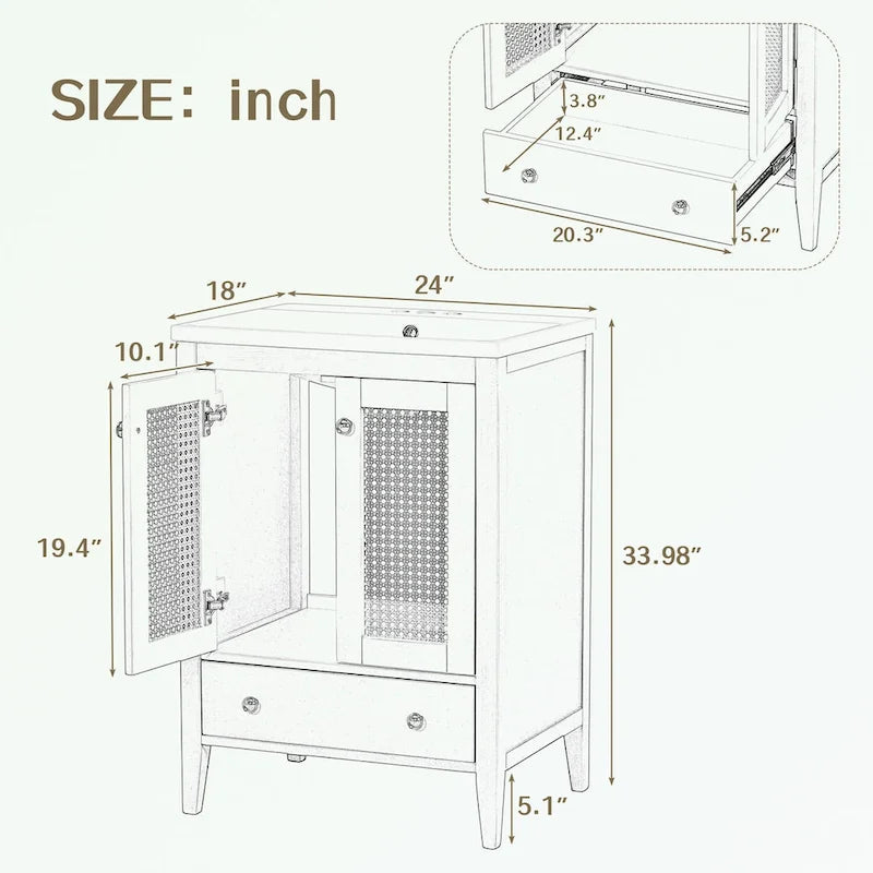 Meuble-lavabo de salle de bain avec vasque en céramique, deux portes en rotin