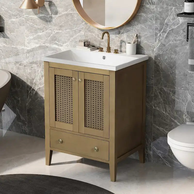 Meuble-lavabo de salle de bain avec vasque en céramique, deux portes en rotin
