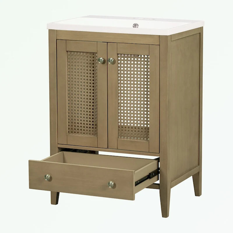 Meuble-lavabo de salle de bain avec vasque en céramique, deux portes en rotin