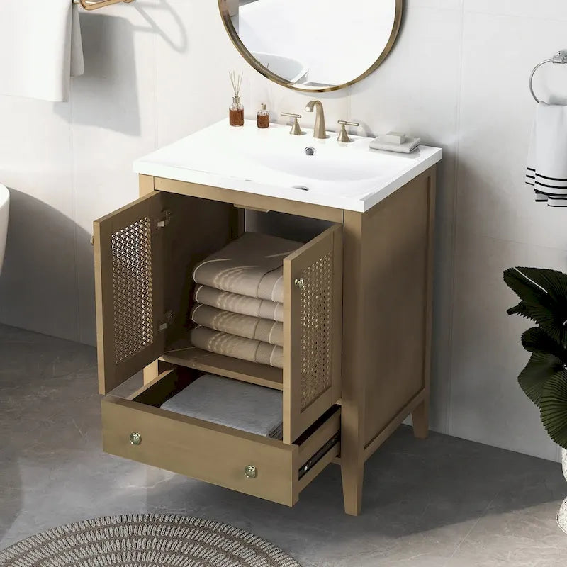 Meuble-lavabo de salle de bain avec vasque en céramique, deux portes en rotin