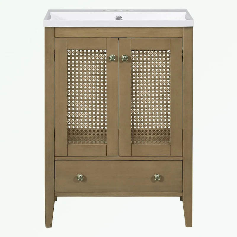Meuble-lavabo de salle de bain avec vasque en céramique, deux portes en rotin