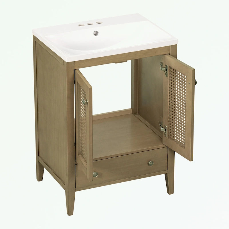 Meuble-lavabo de salle de bain avec vasque en céramique, deux portes en rotin