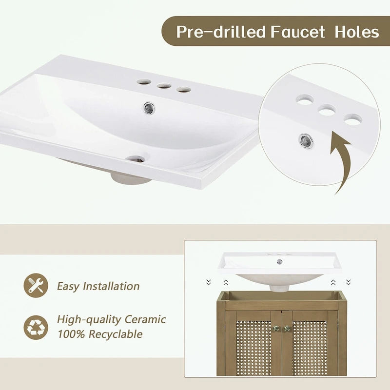 Meuble-lavabo de salle de bain avec vasque en céramique, deux portes en rotin