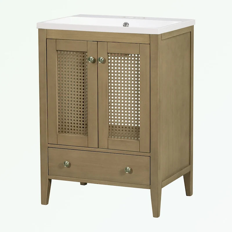 Meuble-lavabo de salle de bain avec vasque en céramique, deux portes en rotin
