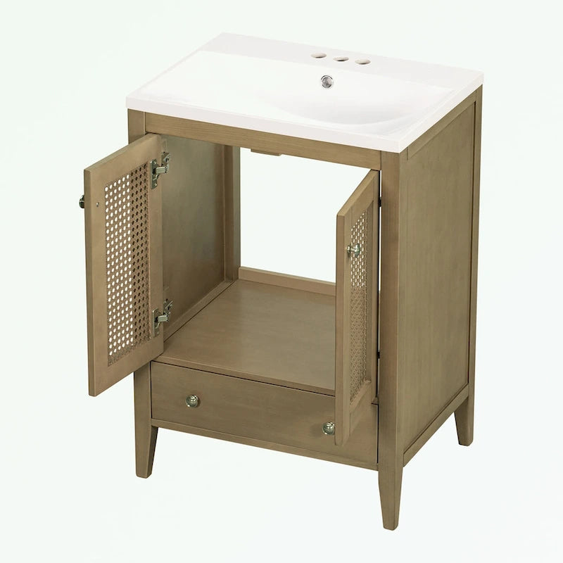 Meuble-lavabo de salle de bain avec vasque en céramique, deux portes en rotin