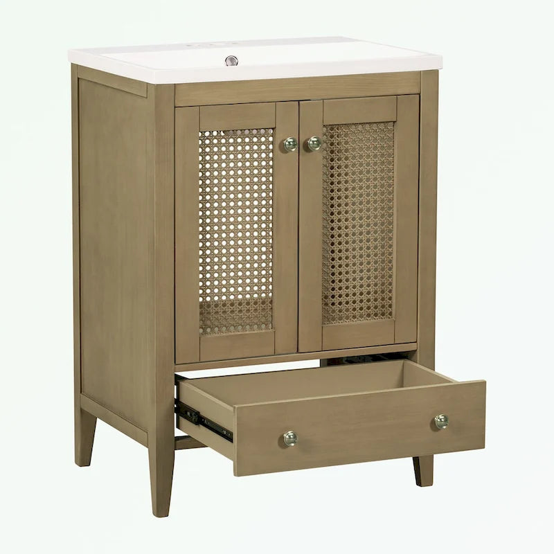 Meuble-lavabo de salle de bain avec vasque en céramique, deux portes en rotin