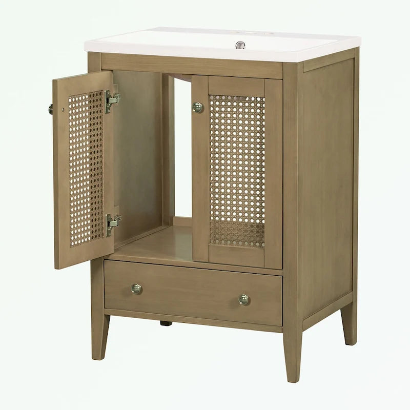 Meuble-lavabo de salle de bain avec vasque en céramique, deux portes en rotin