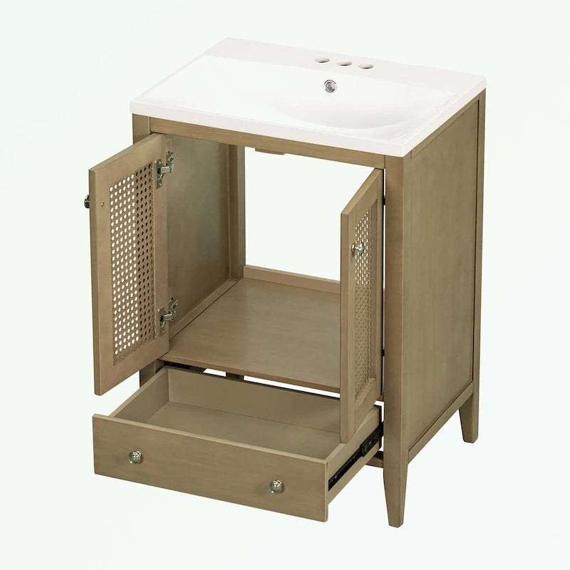 Meuble-lavabo de salle de bain avec vasque en céramique, deux portes en rotin