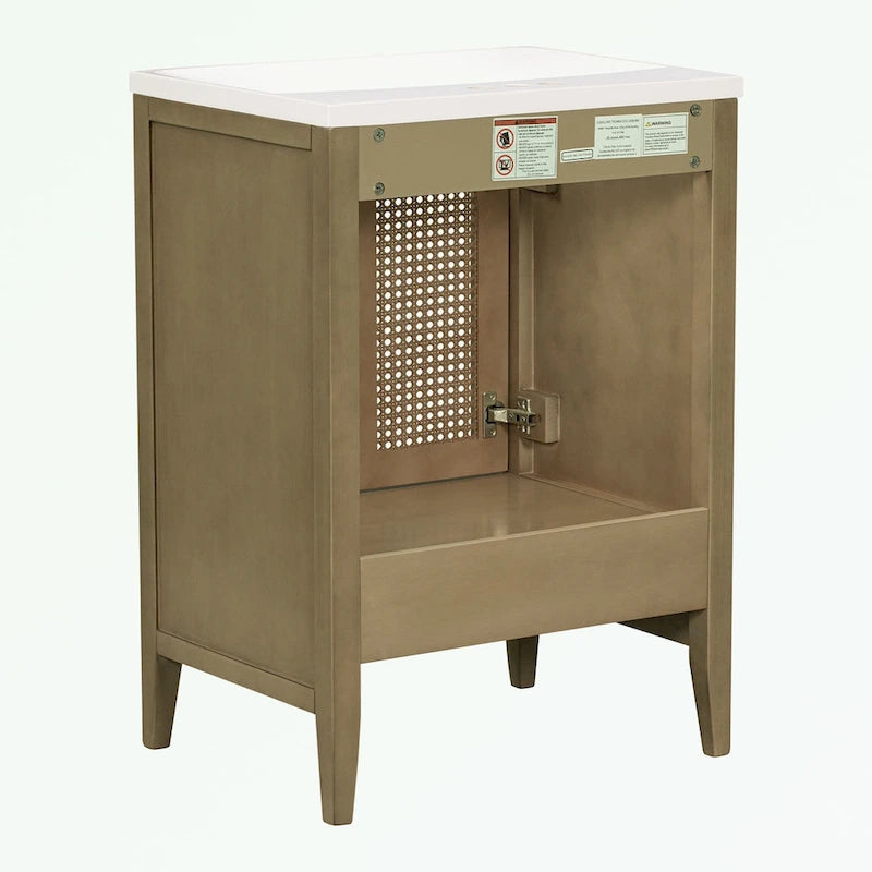 Meuble-lavabo de salle de bain avec vasque en céramique, deux portes en rotin