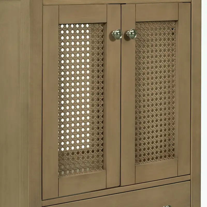 Meuble-lavabo de salle de bain avec vasque en céramique, deux portes en rotin