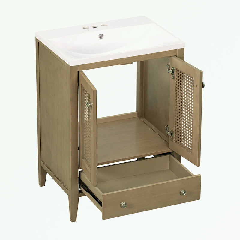 Meuble-lavabo de salle de bain avec vasque en céramique, deux portes en rotin