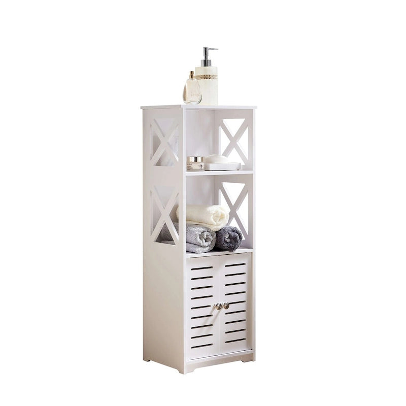 Meuble de Rangement Salle de Bain sur Pied, Meuble Latéral WC avec Porte et Étagères, Blanc