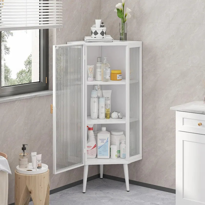 Armoire d'angle à trois niveaux de 22,25 po avec portes en verre trempé et étagères de rangement pour salle de bain, salon et chambre à coucher