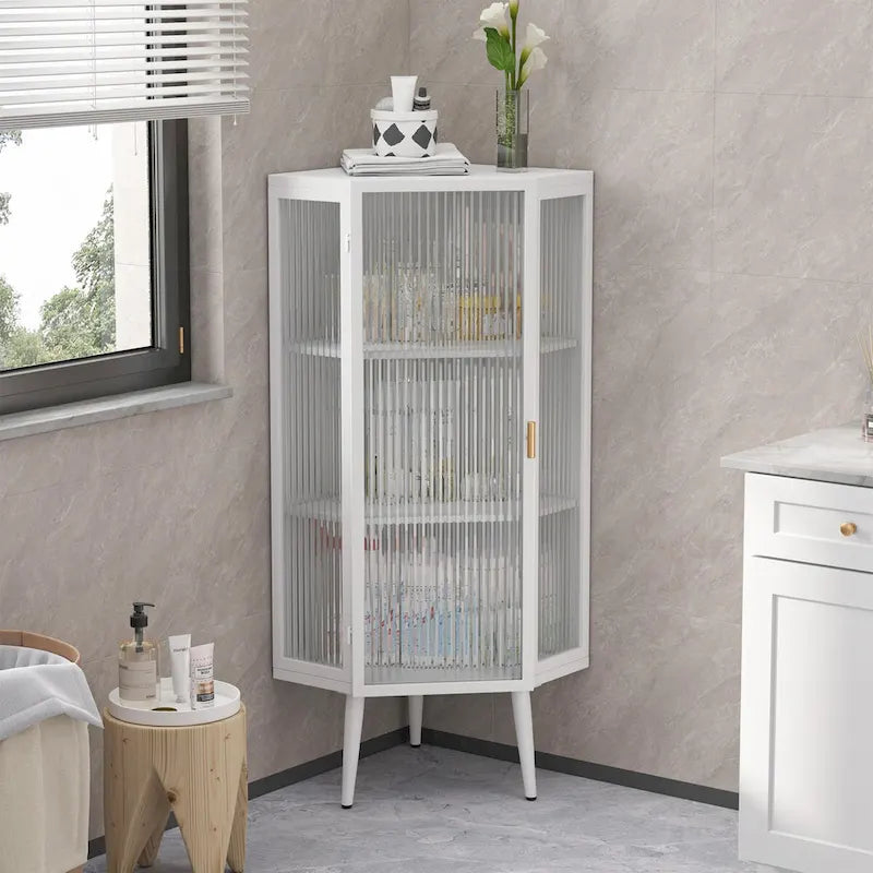 Armoire d'angle à trois niveaux de 22,25 po avec portes en verre trempé et étagères de rangement pour salle de bain, salon et chambre à coucher