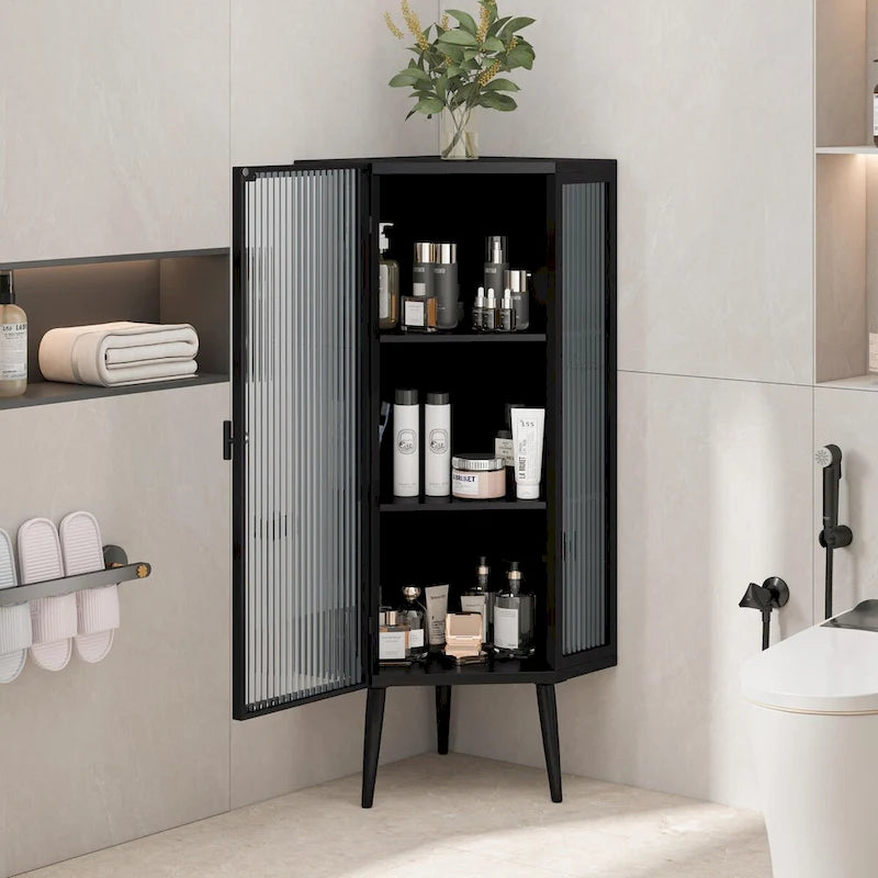 Armoire d'angle à trois niveaux de 22,25 po avec portes en verre trempé et étagères de rangement pour salle de bain, salon et chambre à coucher