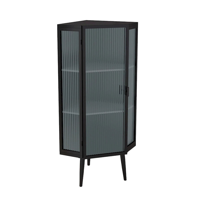 Armoire d'angle à trois niveaux de 22,25 po avec portes en verre trempé et étagères de rangement pour salle de bain, salon et chambre à coucher